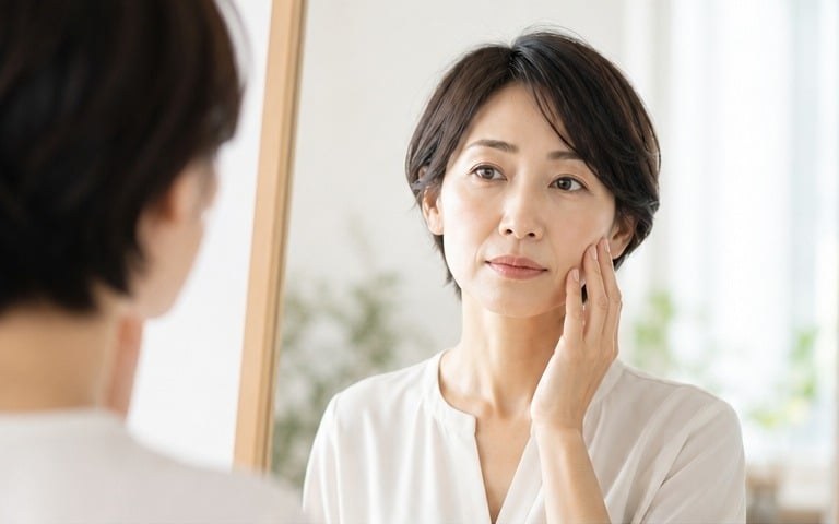 鏡で顔を確認する女性